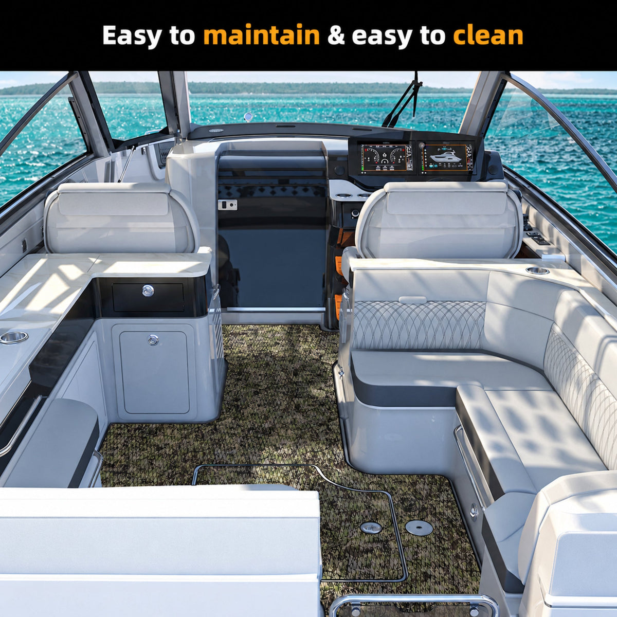 Army Camo Small Diamond EVA Boat Flooring — boat interior scene, full-bleed 2000 × 2000 square