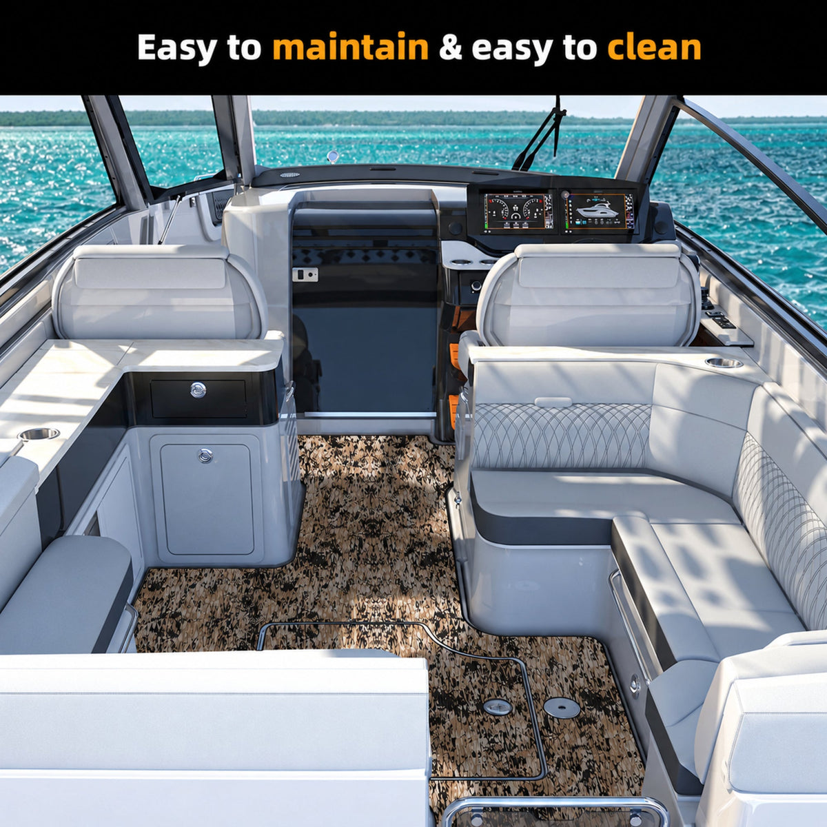 Beach Camo Small Diamond EVA Boat Flooring — boat interior scene, full-bleed 2000 × 2000 square