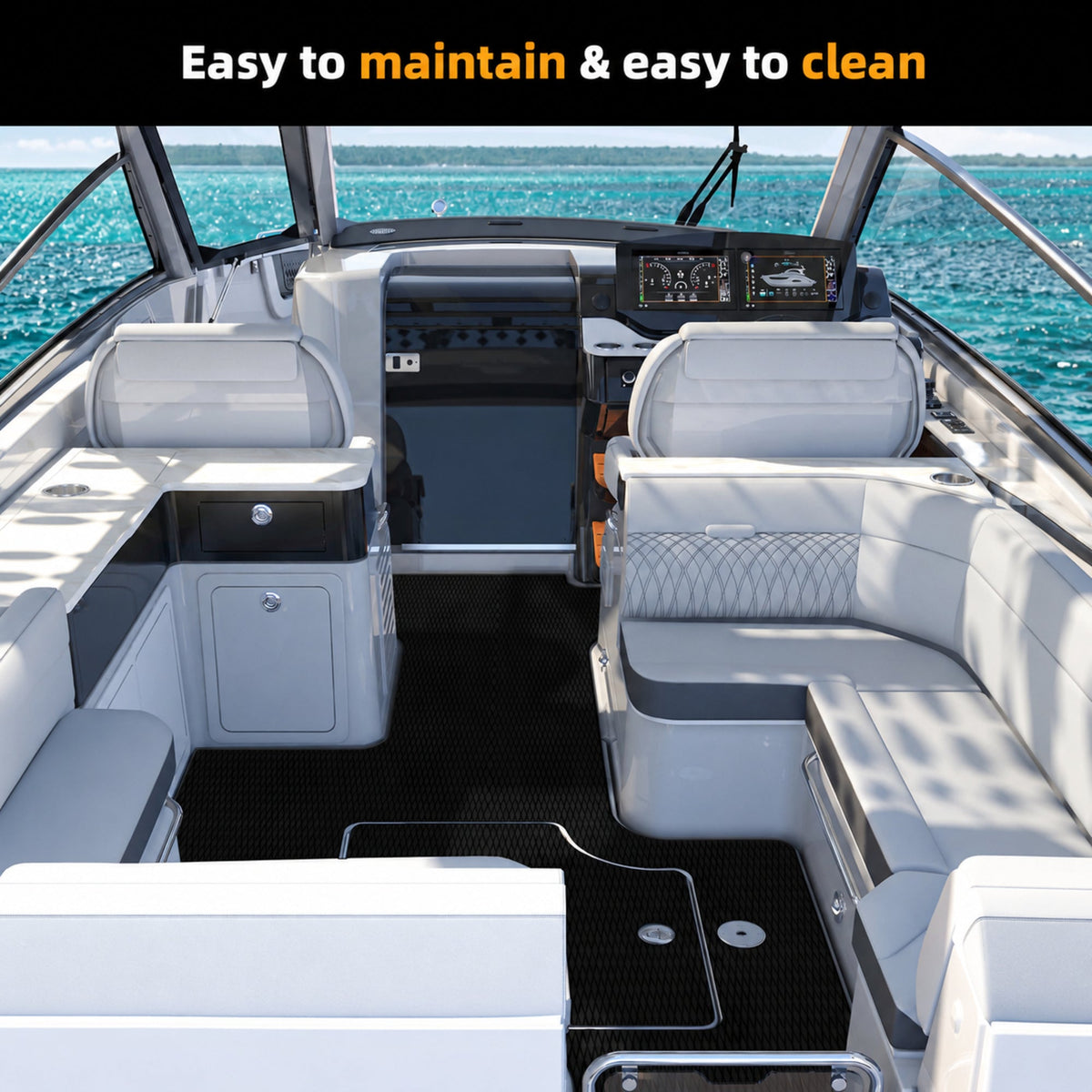 Black Small Diamond EVA Boat Flooring — boat interior scene, full-bleed 2000 × 2000 square