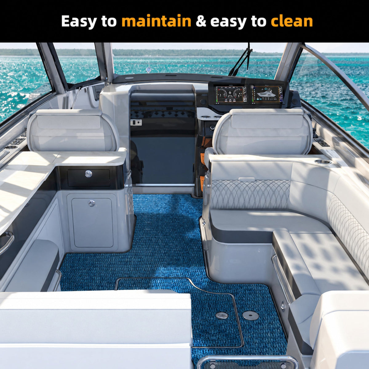 Blue Camo Small Diamond EVA Boat Flooring — boat interior scene, full-bleed 2000 × 2000 square