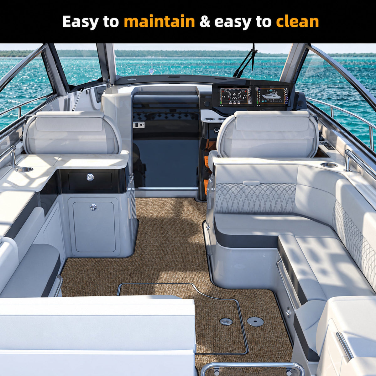 Desert Camo Small Diamond EVA Boat Flooring — boat interior scene, full-bleed 2000 × 2000 square