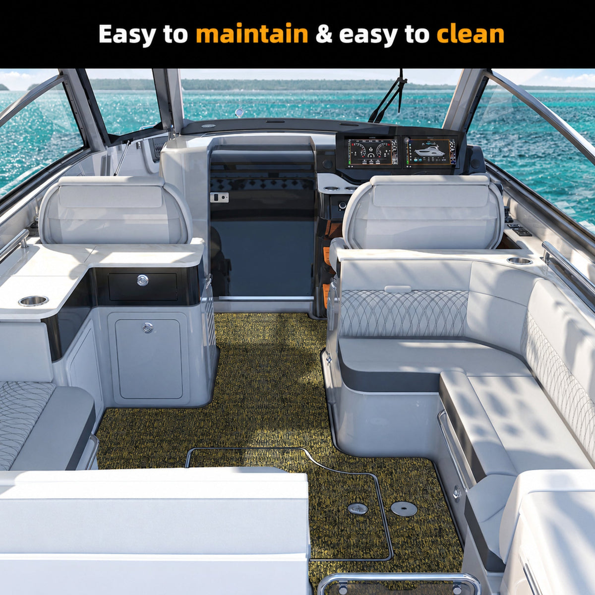 Flower Camo Small Diamond EVA Boat Flooring — boat interior scene, full-bleed 2000 × 2000 square