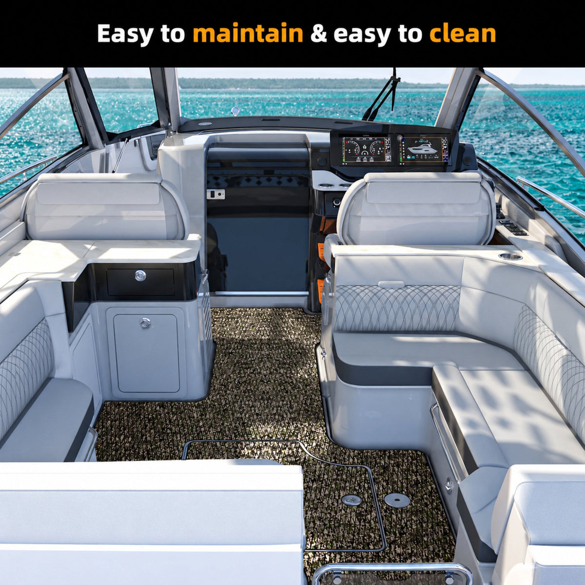 Grass Camo Small Diamond EVA Boat Flooring — boat interior scene, full-bleed 2000 × 2000 square