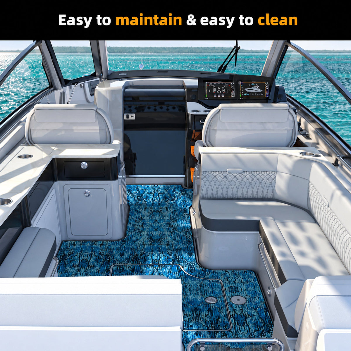 Ocean Camo Small Diamond EVA Boat Flooring — boat interior scene, full-bleed 2000 × 2000 square