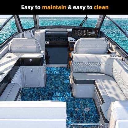 Ocean Camo Small Diamond EVA Boat Flooring — boat interior scene, full-bleed 2000 × 2000 square