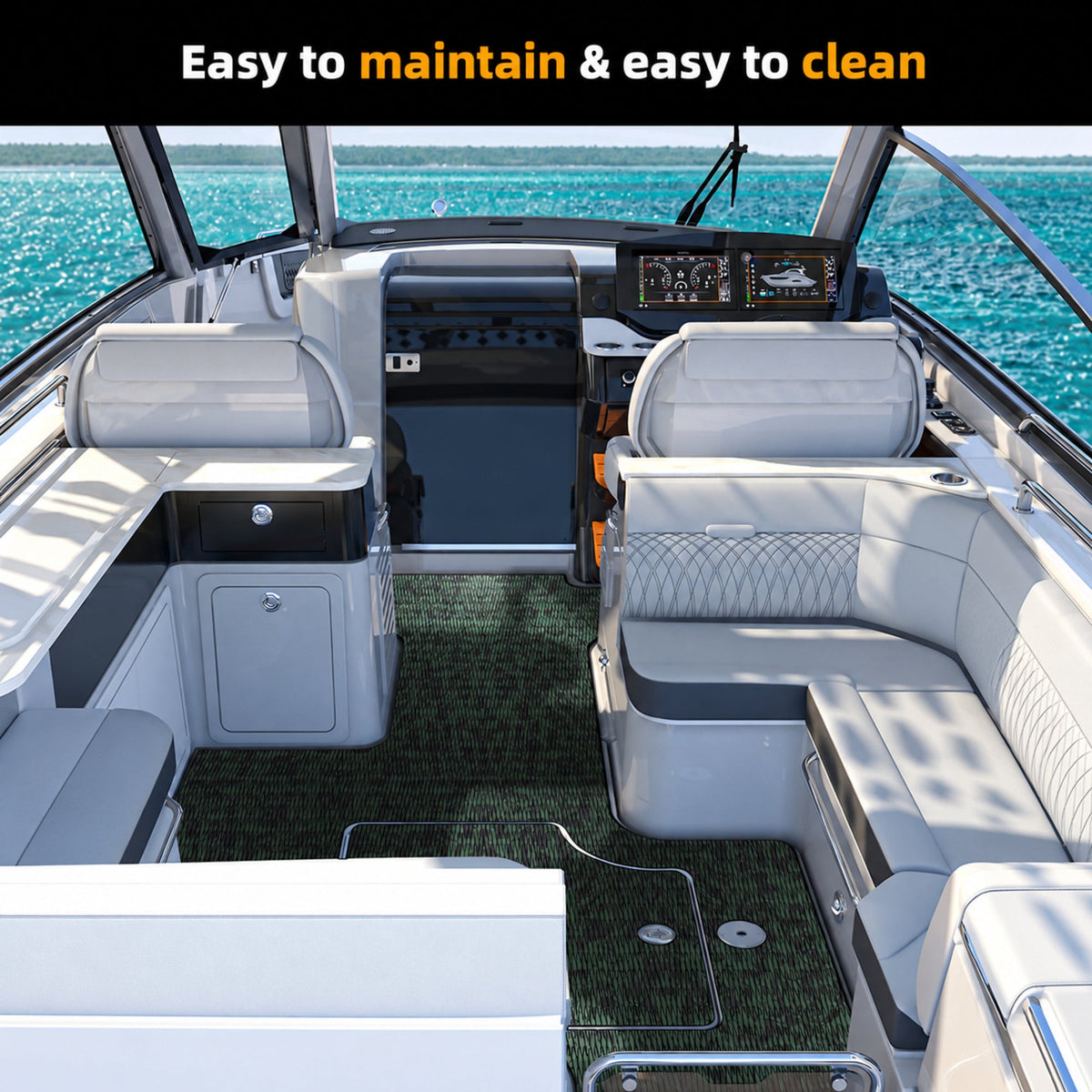 Rainforest Camo Small Diamond EVA Boat Flooring — boat interior scene, full-bleed 2000 × 2000 square