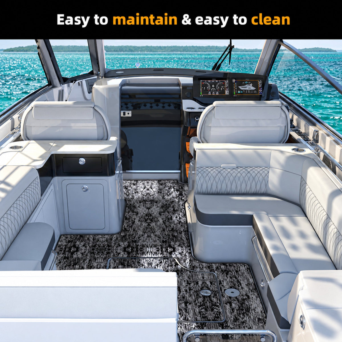 Snow Camo Small Diamond EVA Boat Flooring — boat interior scene, full-bleed 2000 × 2000 square