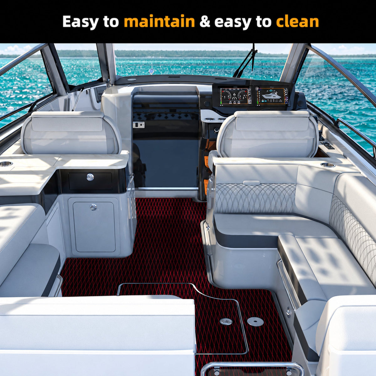 Black Red Diamond EVA Boat Flooring — boat interior scene, full-bleed 2000 × 2000 square