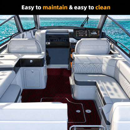 Black Red Diamond EVA Boat Flooring — boat interior scene, full-bleed 2000 × 2000 square