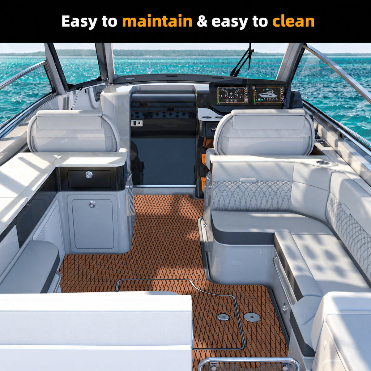 Brown Black Diamond EVA Boat Flooring — boat interior scene, full-bleed 2000 × 2000 square