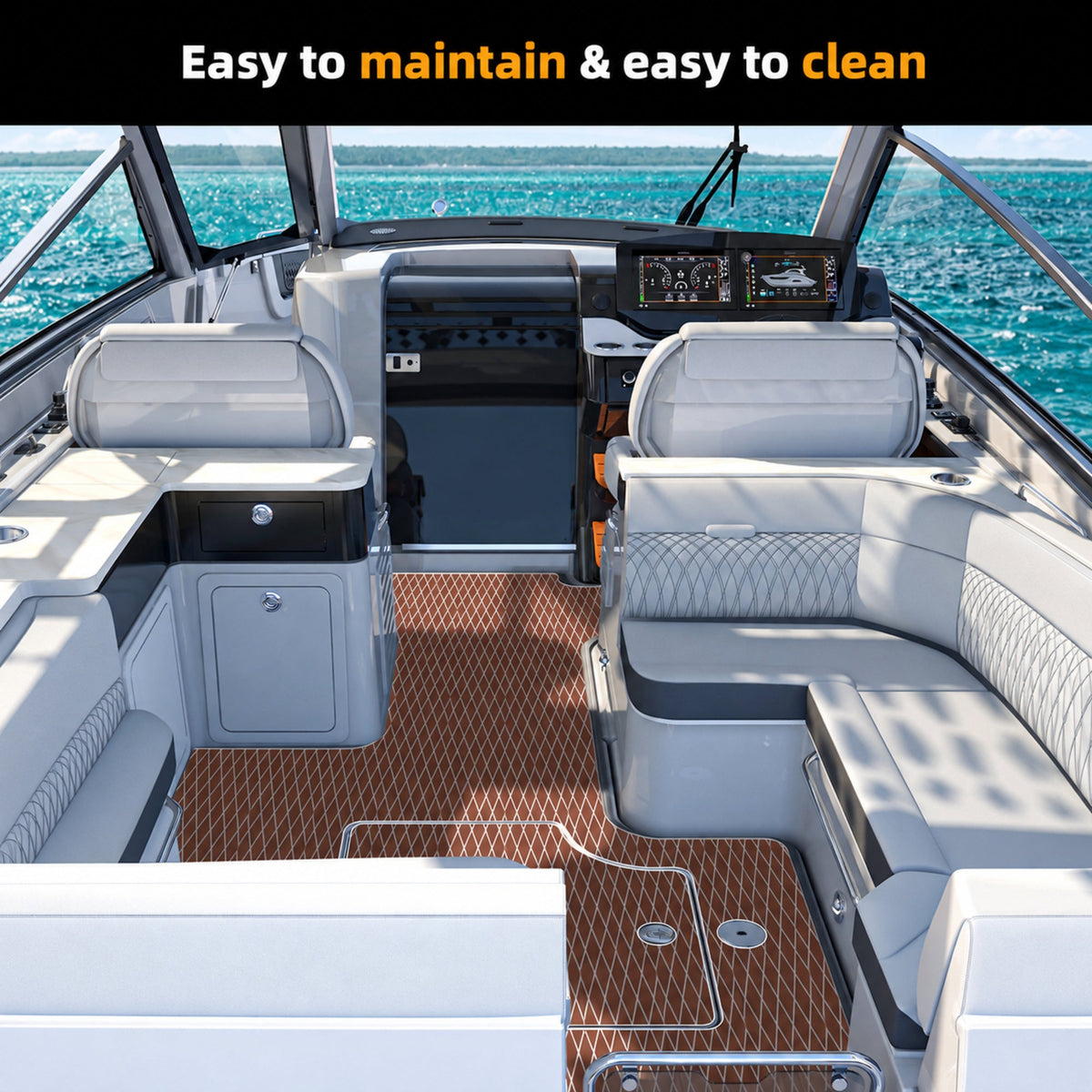 Brown White Diamond EVA Boat Flooring — boat interior scene, full-bleed 2000 × 2000 square