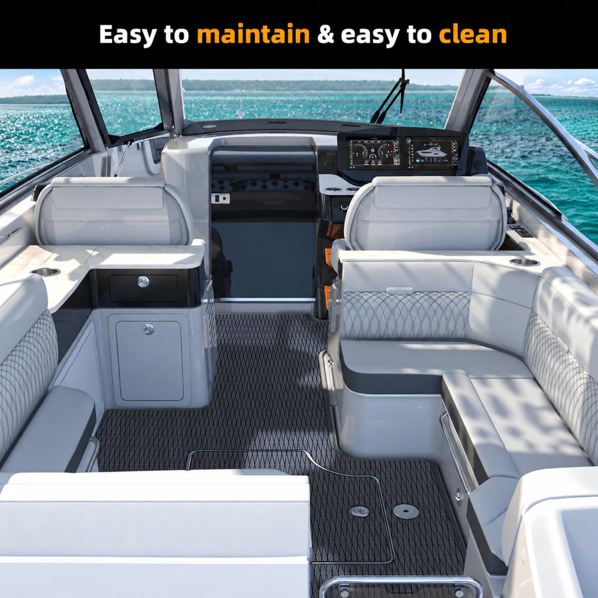 Dark Grey Black Diamond EVA Boat Flooring — boat interior scene, full-bleed 2000 × 2000 square