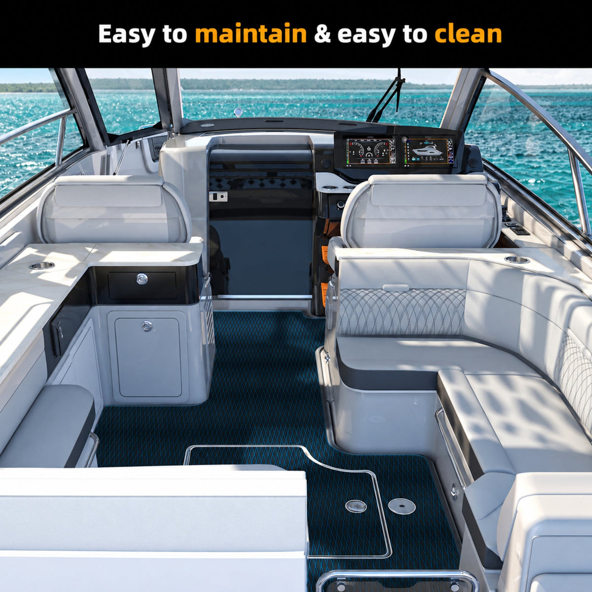 Dark Grey Blue Diamond EVA Boat Flooring — boat interior scene, full-bleed 2000 × 2000 square
