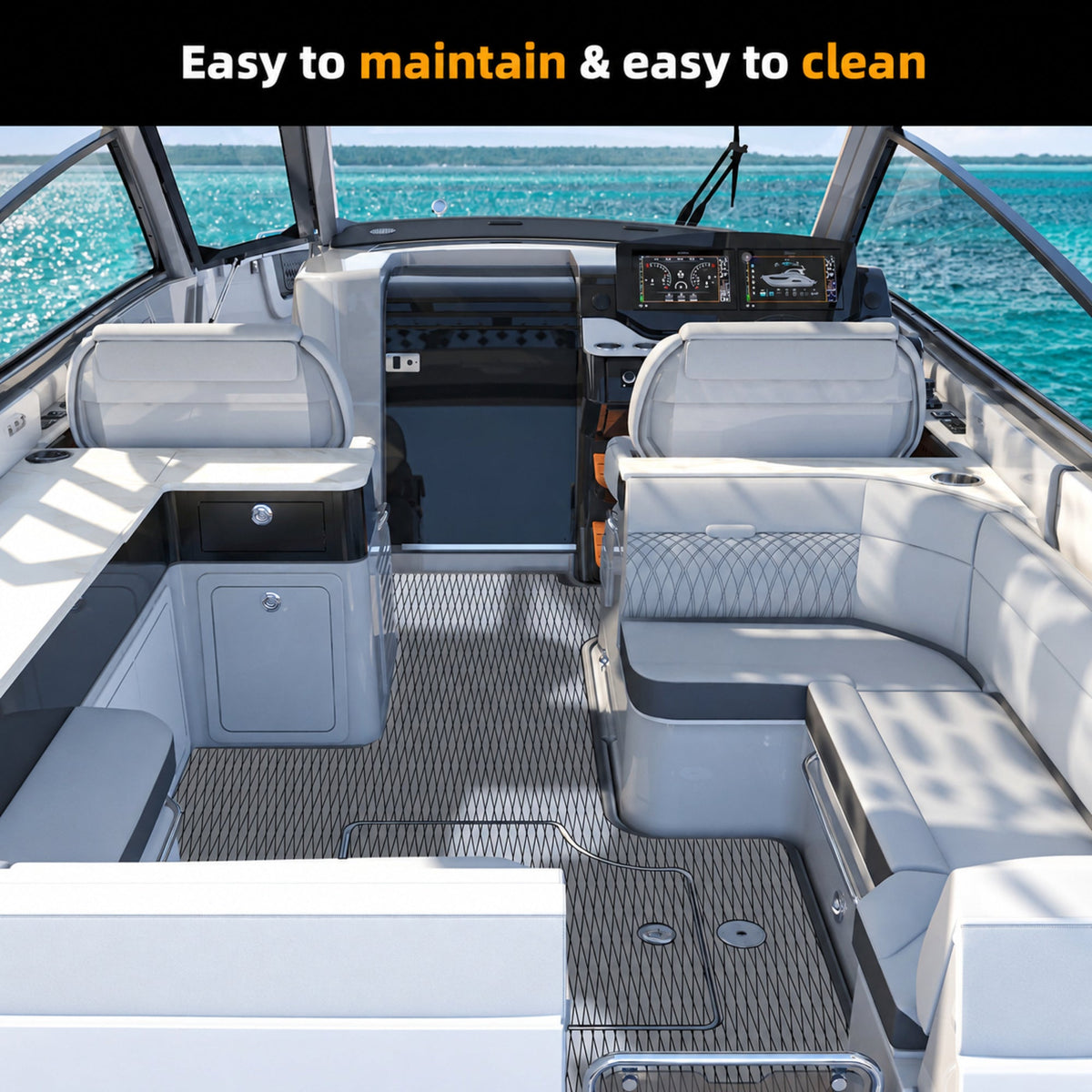 Grey Black Diamond EVA Boat Flooring — boat interior scene, full-bleed 2000 × 2000 square