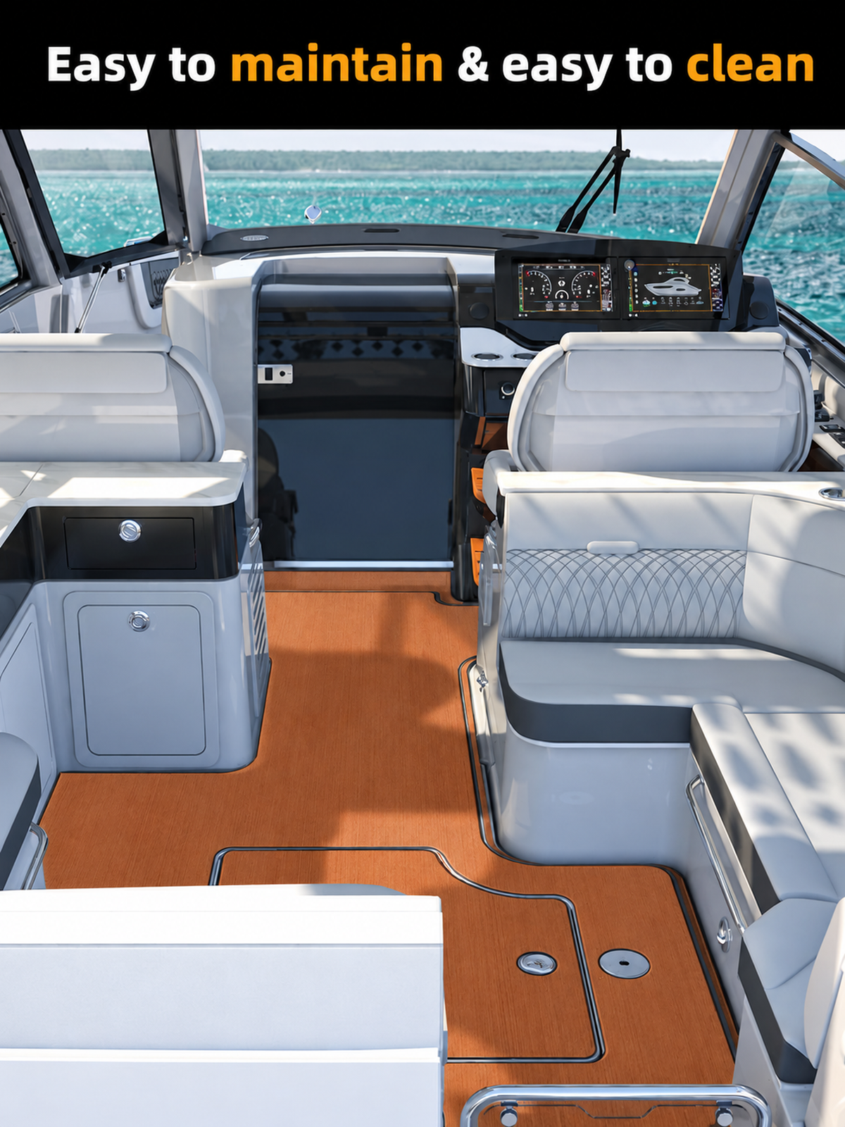 Brown solid brushed EVA flooring — illustrated boat cockpit installation