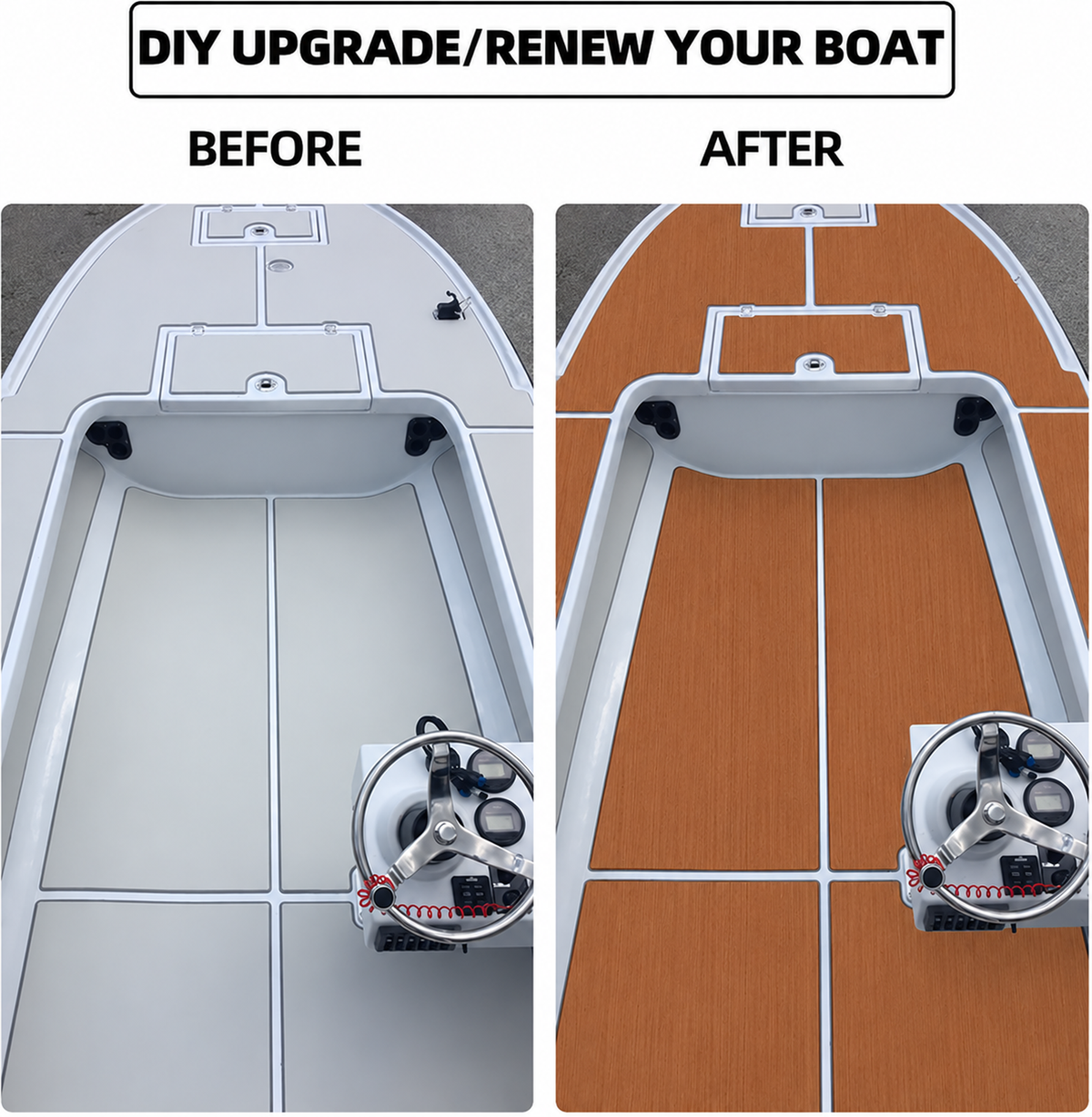 Brown solid brushed EVA flooring — illustrated before and after deck finish