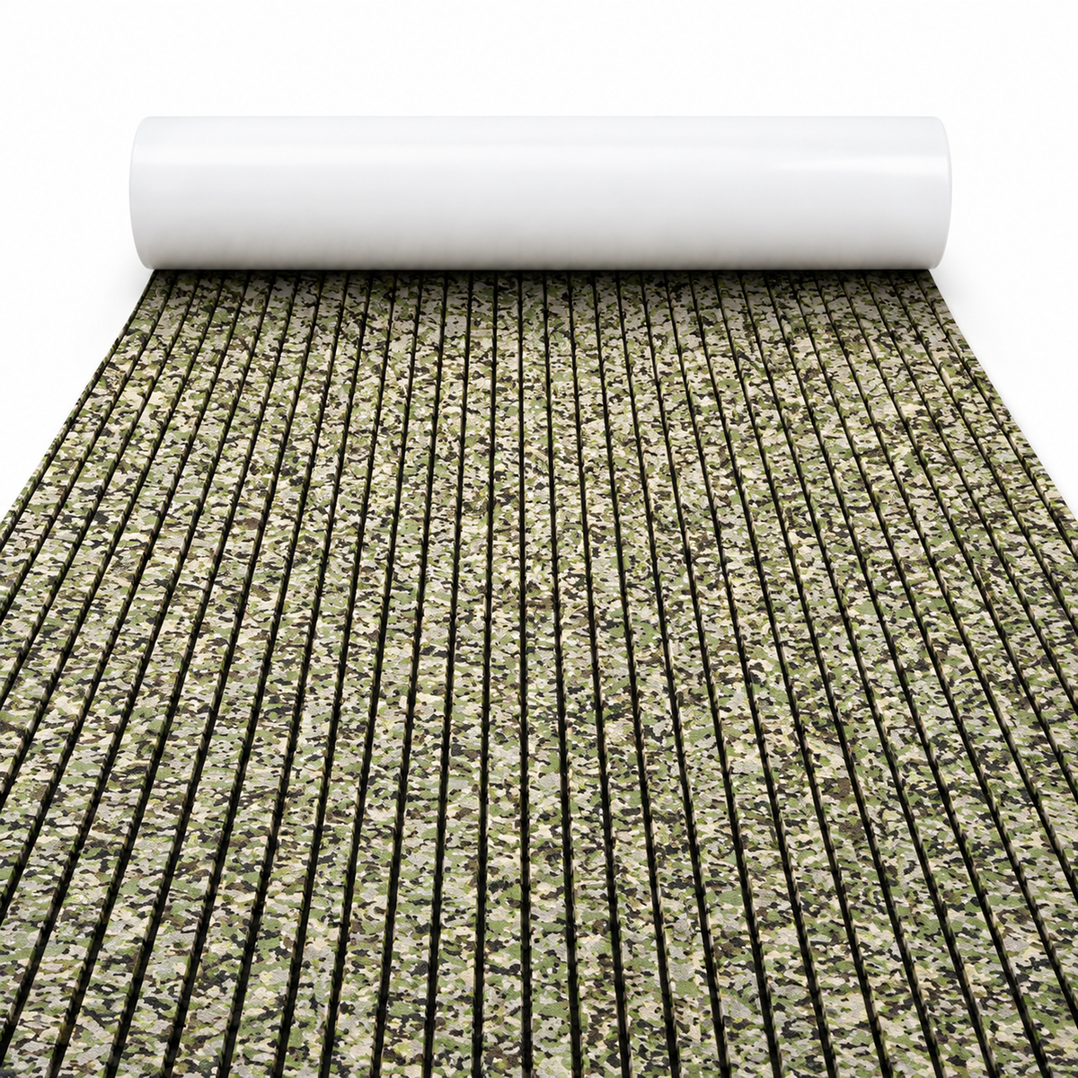 Army camo grooved EVA foam flooring — rolled sheet on a white background