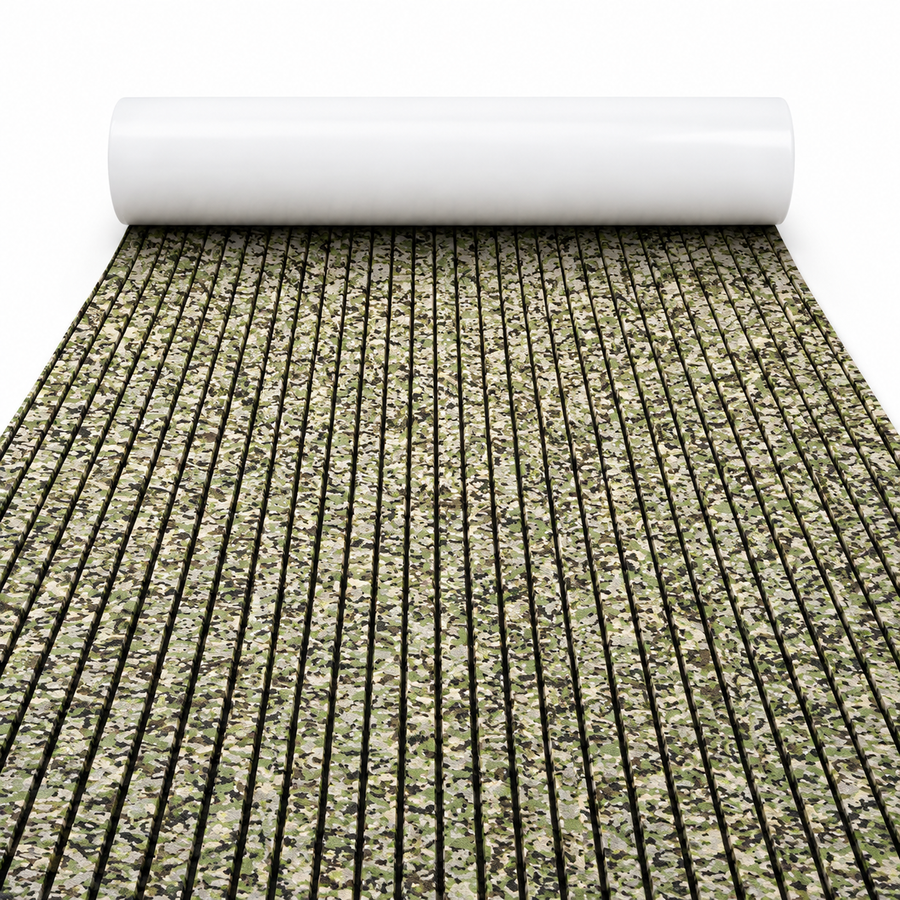 Army camo grooved EVA foam flooring — rolled sheet on a white background