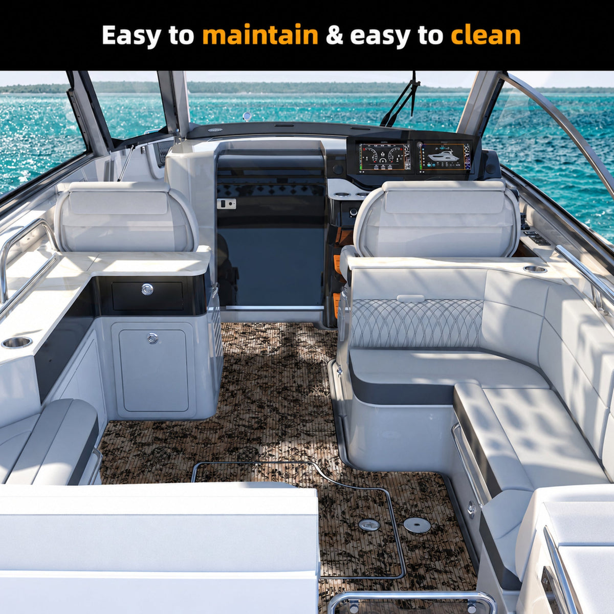 Beach Camo Grooved EVA Boat Flooring — boat interior scene, full-bleed 2000 × 2000 square