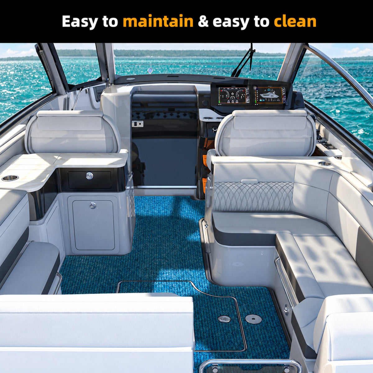 Blue Camo Grooved EVA Boat Flooring — boat interior scene, full-bleed 2000 × 2000 square