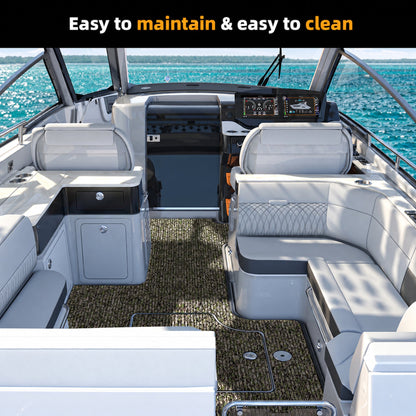 Desert Camo Grooved EVA Boat Flooring — boat interior scene, full-bleed 2000 × 2000 square