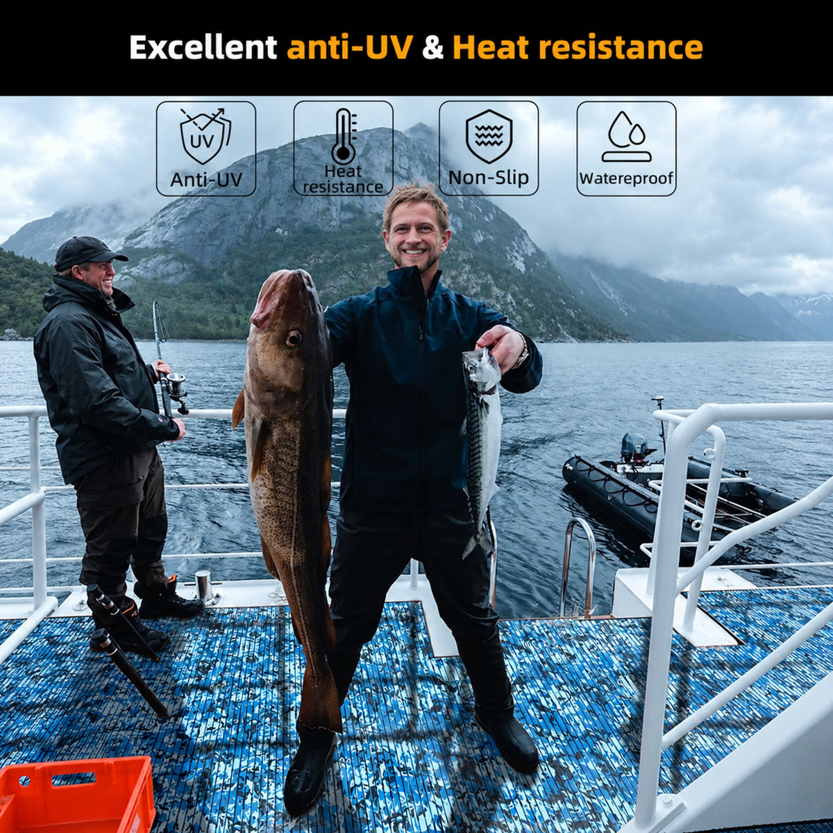 Ocean Camo Grooved EVA Boat Flooring — fishing boat scene, full-bleed 2000 × 2000 square