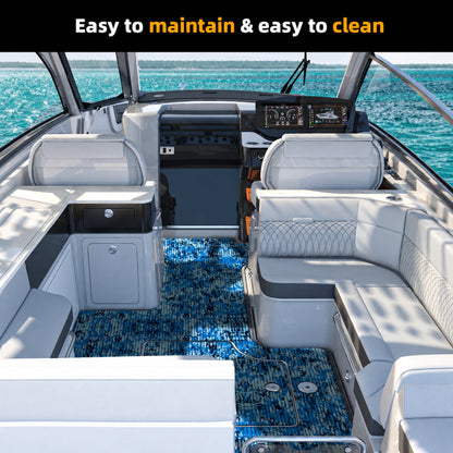 Ocean Camo Grooved EVA Boat Flooring — boat interior scene, full-bleed 2000 × 2000 square
