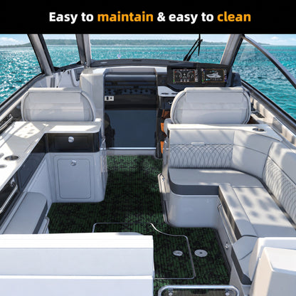 Rainforest Camo Grooved EVA Boat Flooring — boat interior scene, full-bleed 2000 × 2000 square