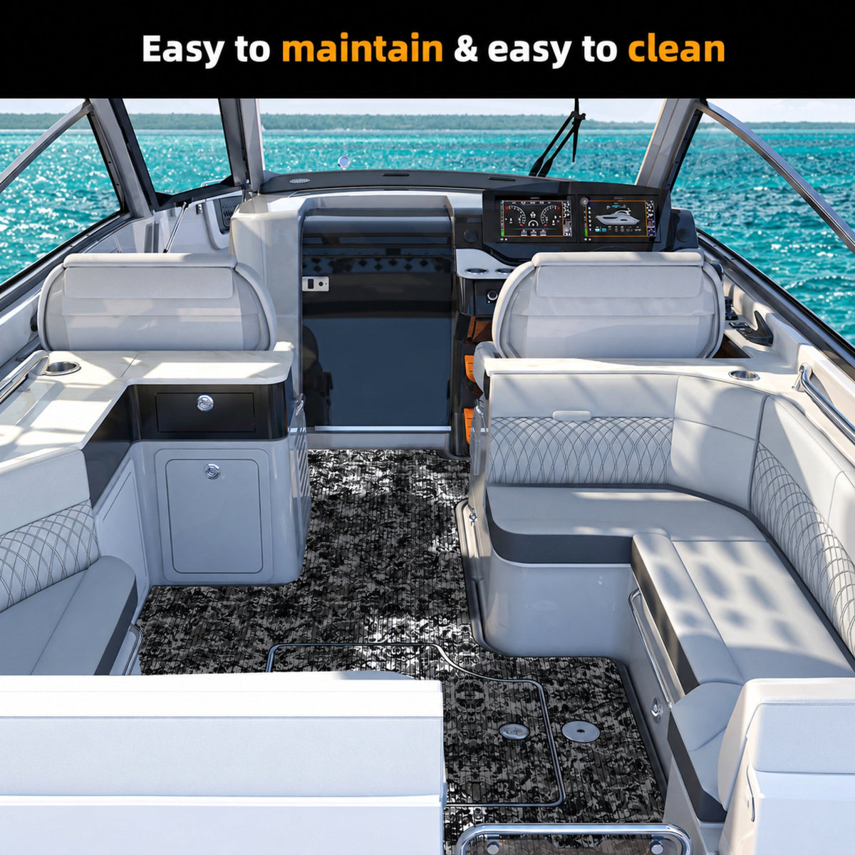 Snow Camo Grooved EVA Boat Flooring — boat interior scene, full-bleed 2000 × 2000 square