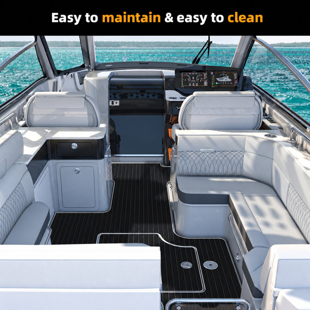 Black Dark Grey Faux Teak EVA Boat Flooring — boat interior scene, full-bleed 2000 × 2000 square