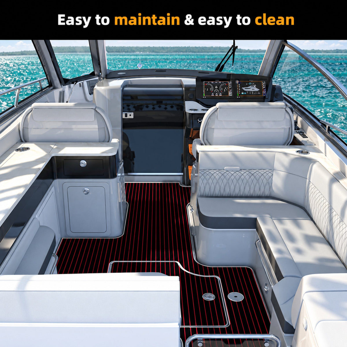 Black Red Faux Teak EVA Boat Flooring — boat interior scene, full-bleed 2000 × 2000 square