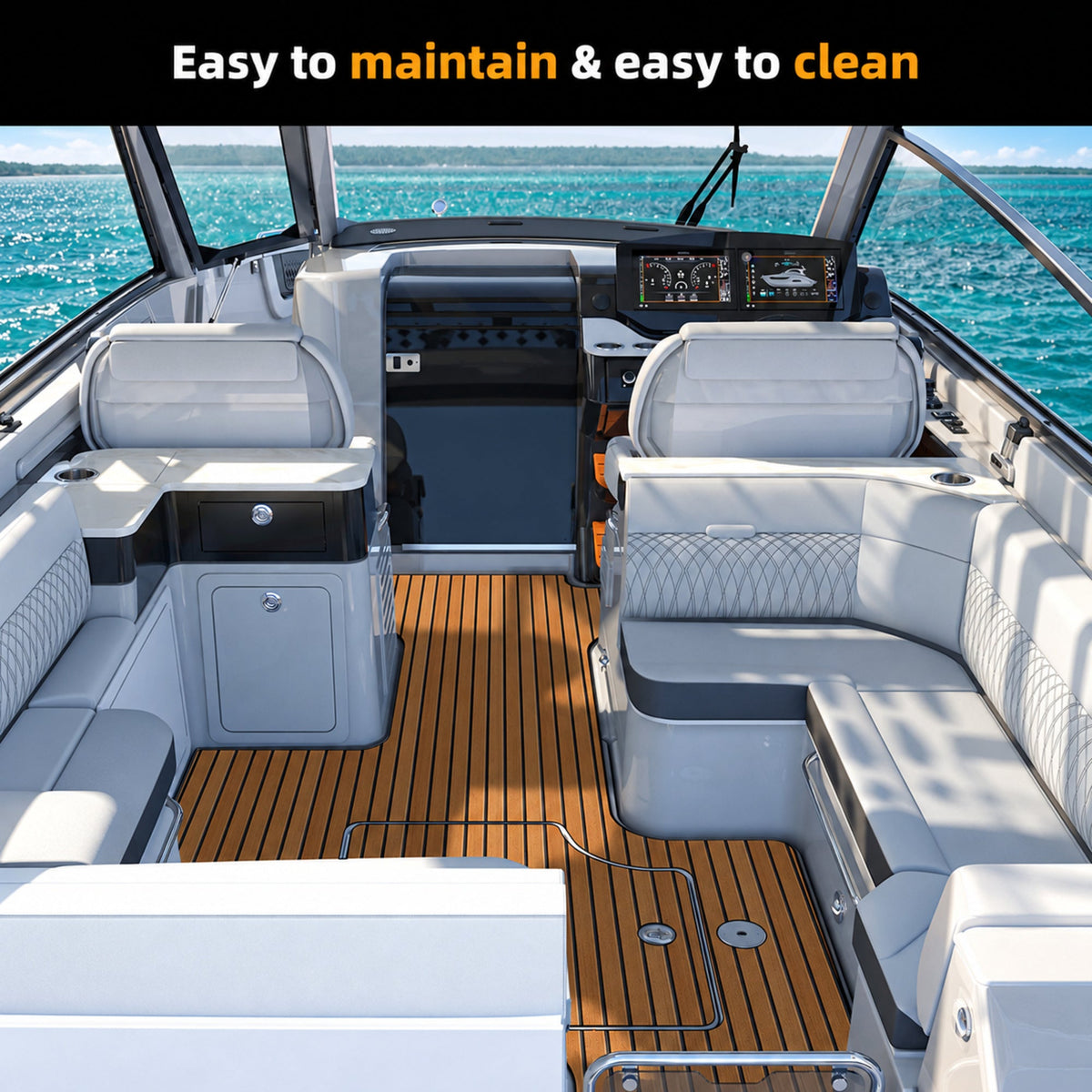 FOCEAN Brown Black EVA foam boat flooring — boat interior scene, 2000 × 2000 square