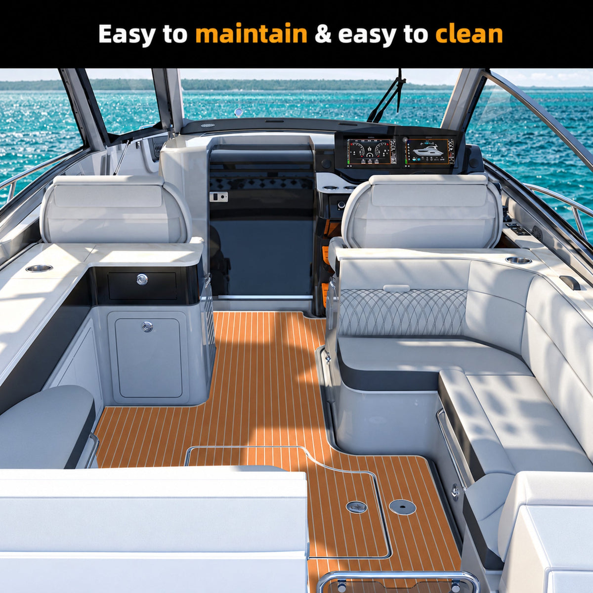 Brown White Faux Teak EVA Boat Flooring — boat interior scene, full-bleed 2000 × 2000 square