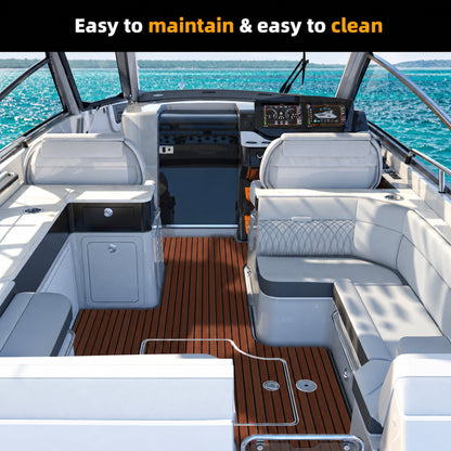 Dark Brown Black Faux Teak EVA Boat Flooring — boat interior scene, full-bleed 2000 × 2000 square