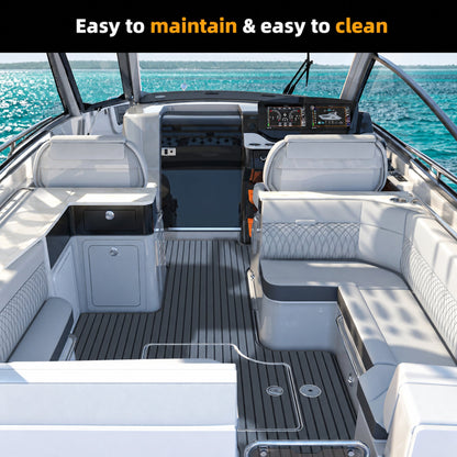 Dark Grey Black Faux Teak EVA Boat Flooring — boat interior scene, full-bleed 2000 × 2000 square