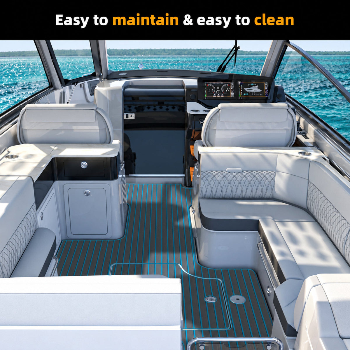 Dark Grey Blue Faux Teak EVA Boat Flooring — boat interior scene, full-bleed 2000 × 2000 square
