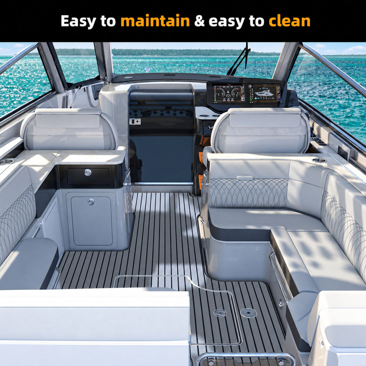 Grey Black Faux Teak EVA Boat Flooring — boat interior scene, full-bleed 2000 × 2000 square
