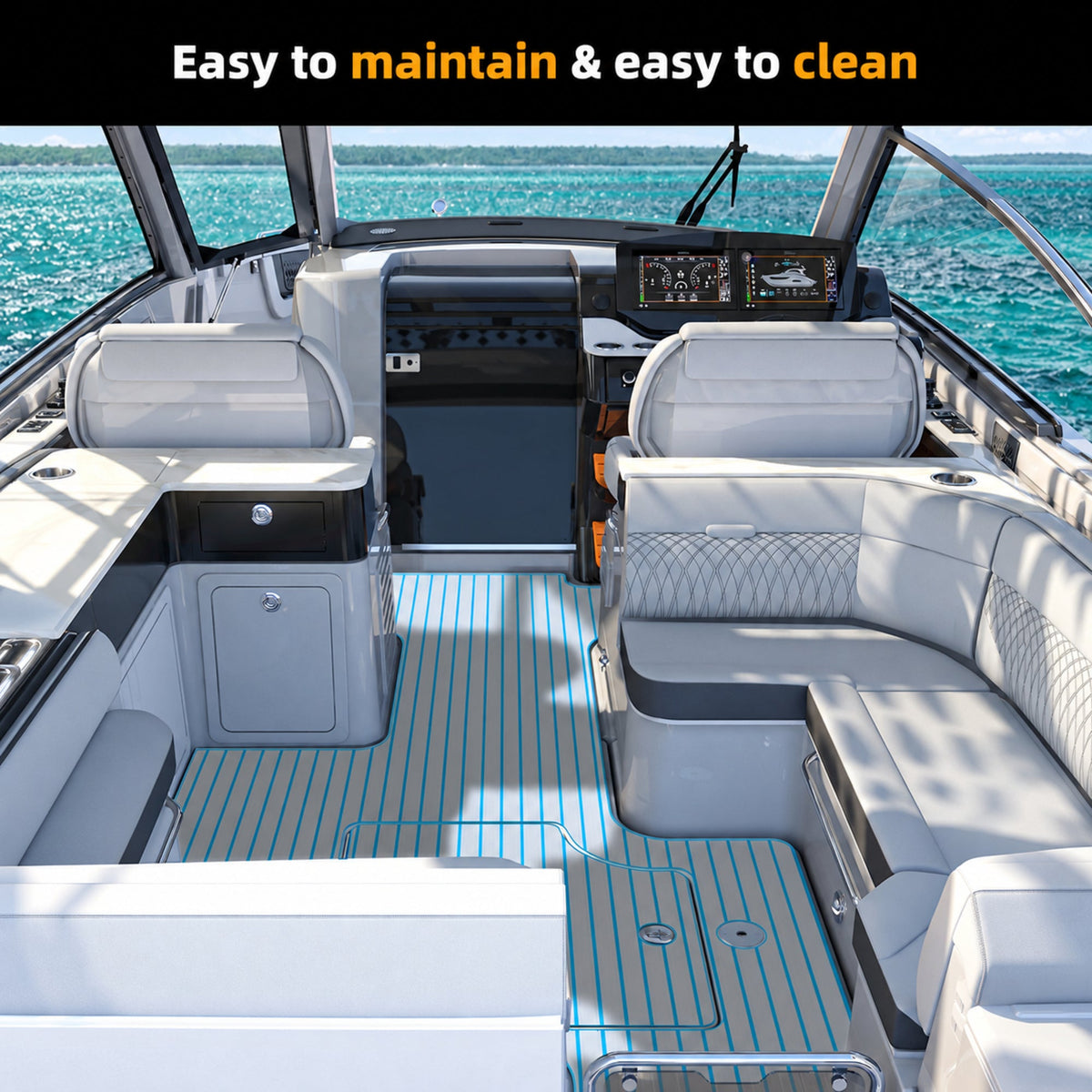 Grey Blue Faux Teak EVA Boat Flooring — boat interior scene, full-bleed 2000 × 2000 square