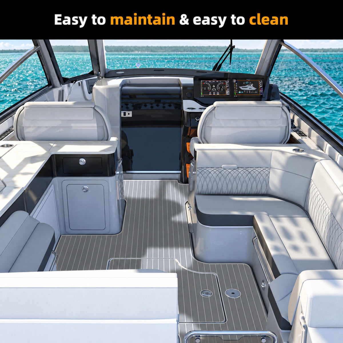 Grey White Faux Teak EVA Boat Flooring — boat interior scene, full-bleed 2000 × 2000 square